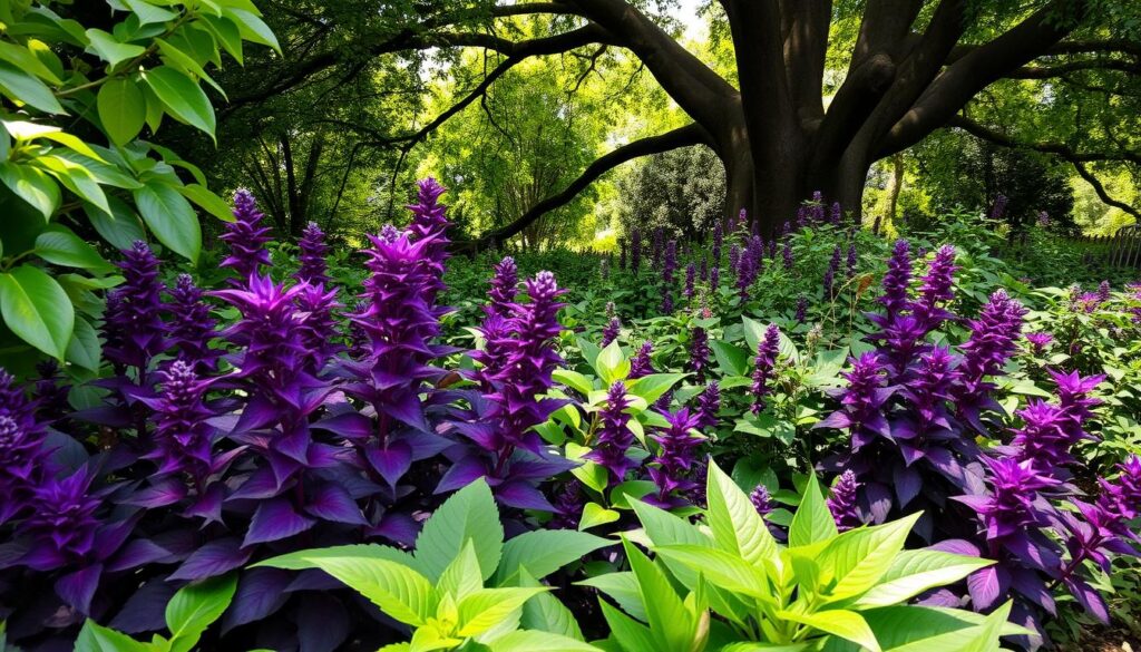 purple plants in shade garden