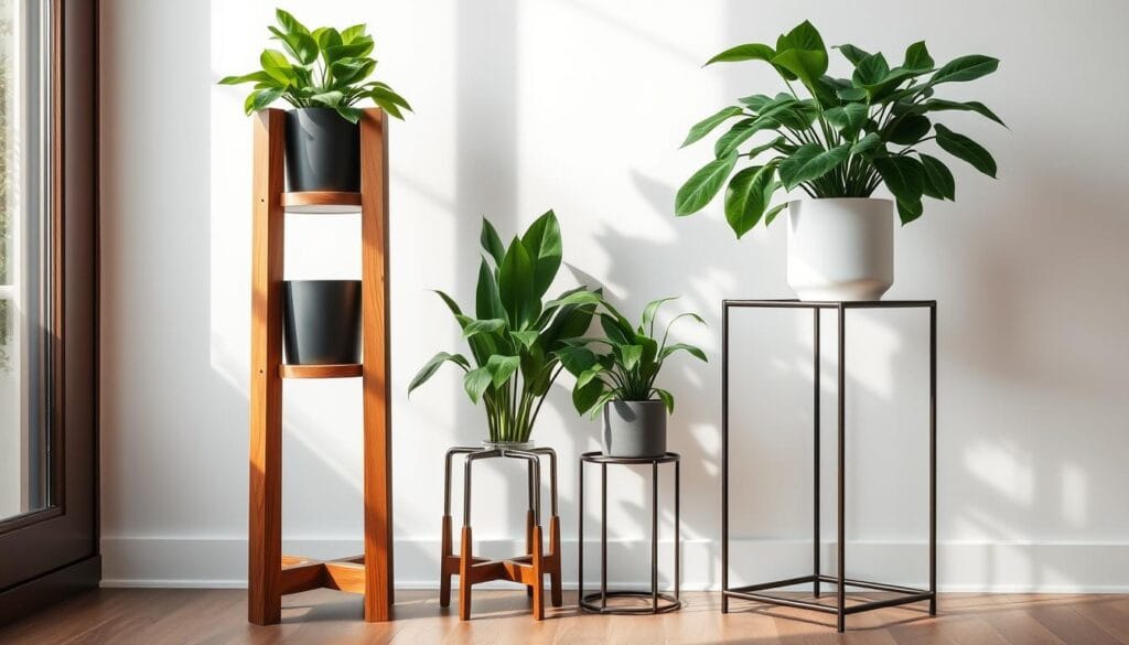 wooden and metal plant stands